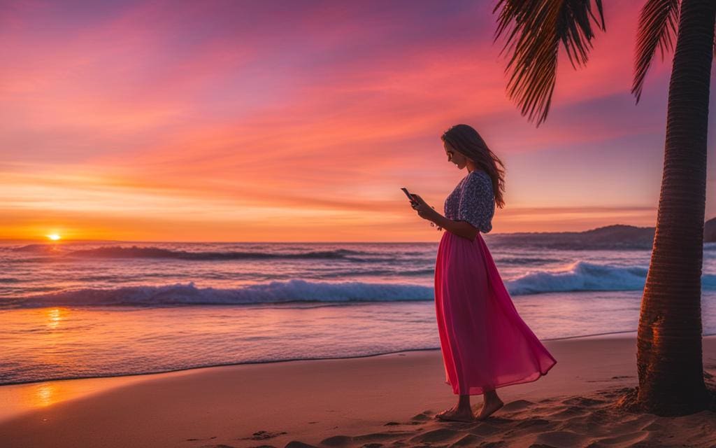 A woman putting down her phone and smiling at the sunset