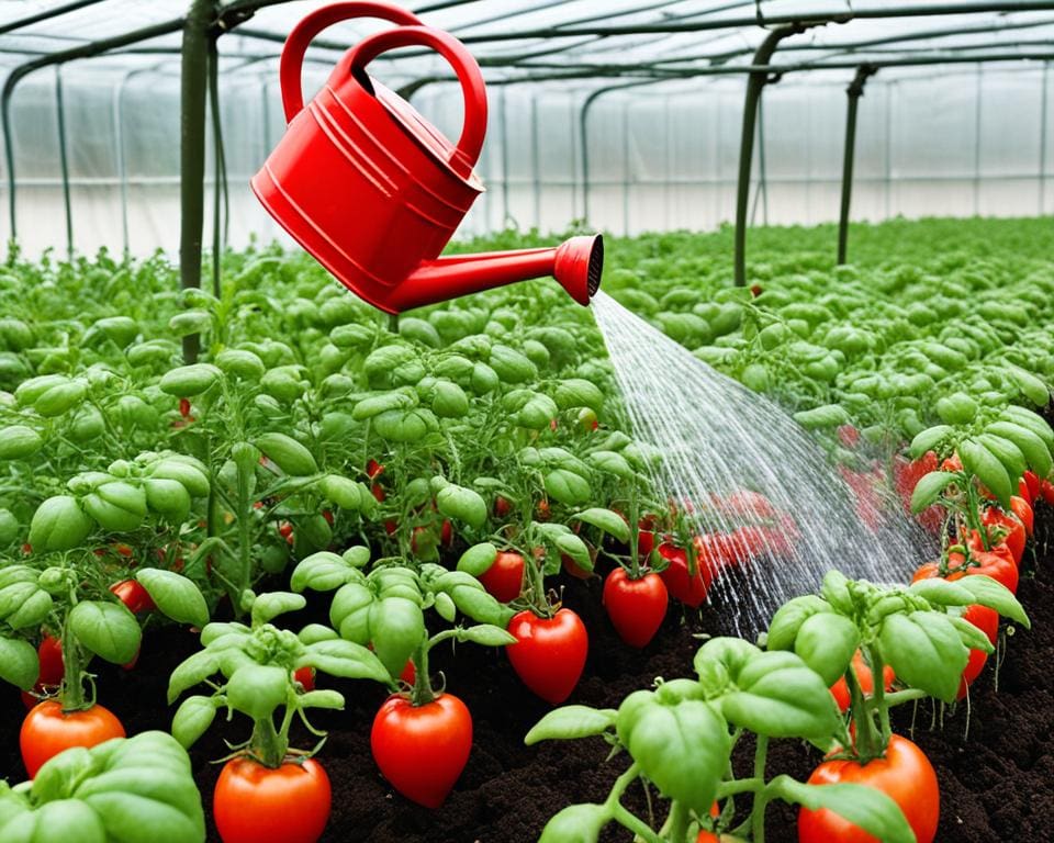 Water geven aan tomaten in de serre