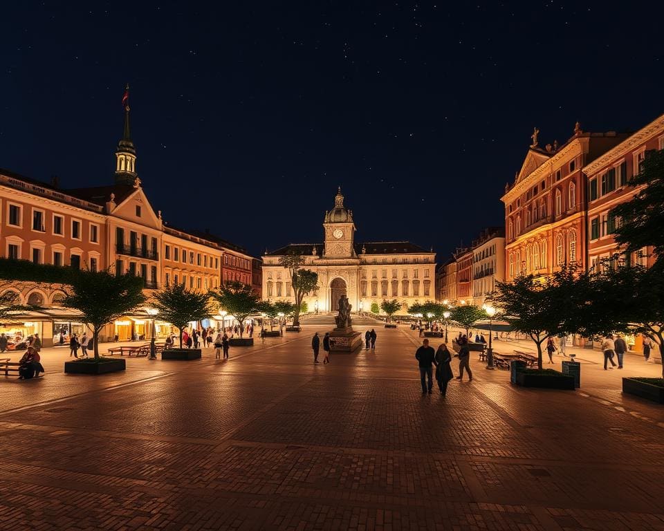 Bezoek een verlicht stadsplein tijdens een avondwandeling