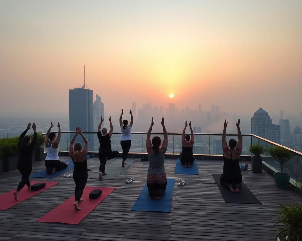 Ga naar een rooftop yogasessie bij zonsopgang