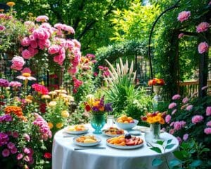 Geniet van een brunch in een stadstuin vol bloemen