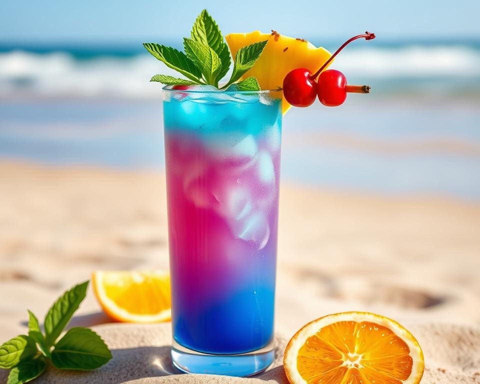 Blue Lagoon cocktail met zomerse kleuren en garnering