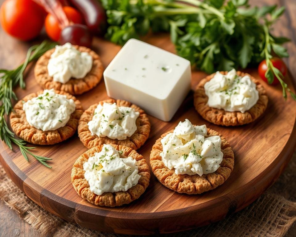 Volkoren crackers met kruidenkaas en geitenkaas