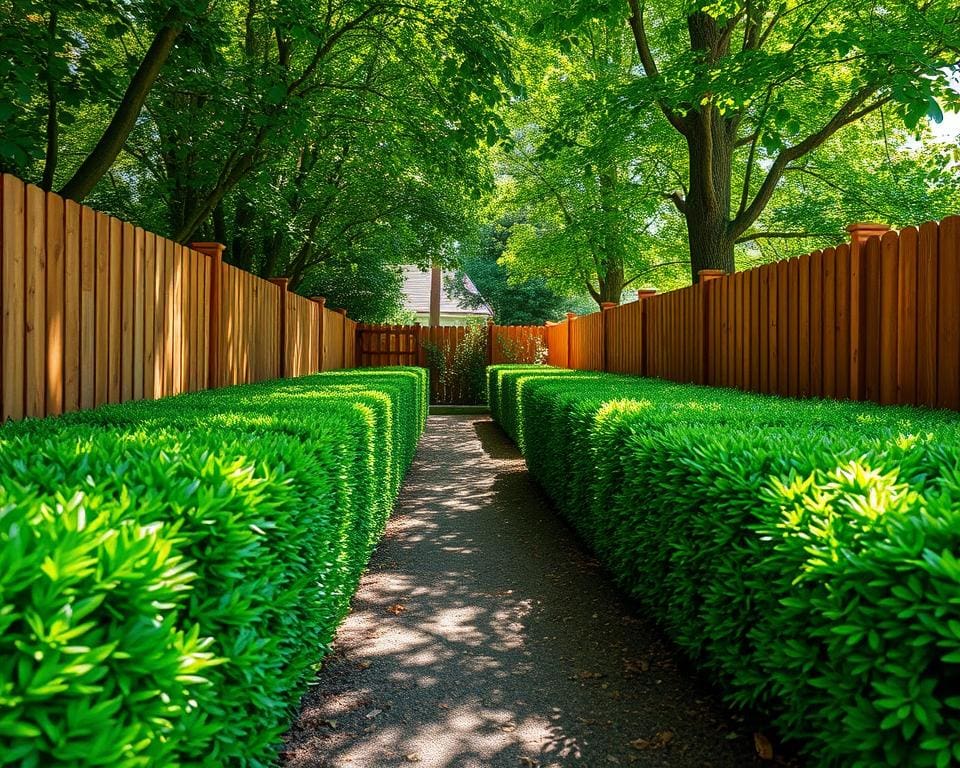Groene hagen of houten schuttingen als tuinafscheiding